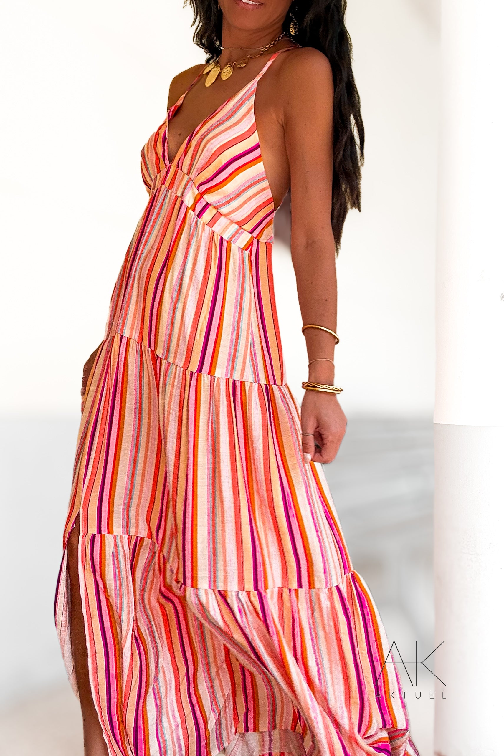 Robe longue rayée multicolore