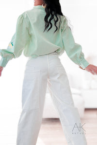 Chemise rayée verte brodée fruits