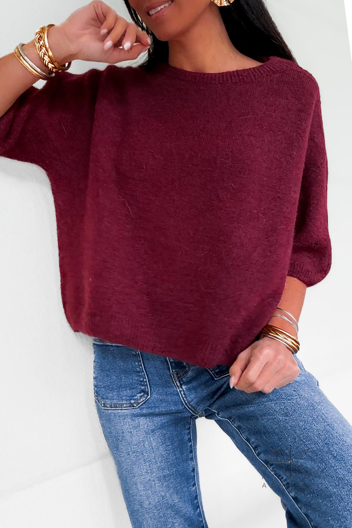 Pull bordeaux alpaga à manches courtes