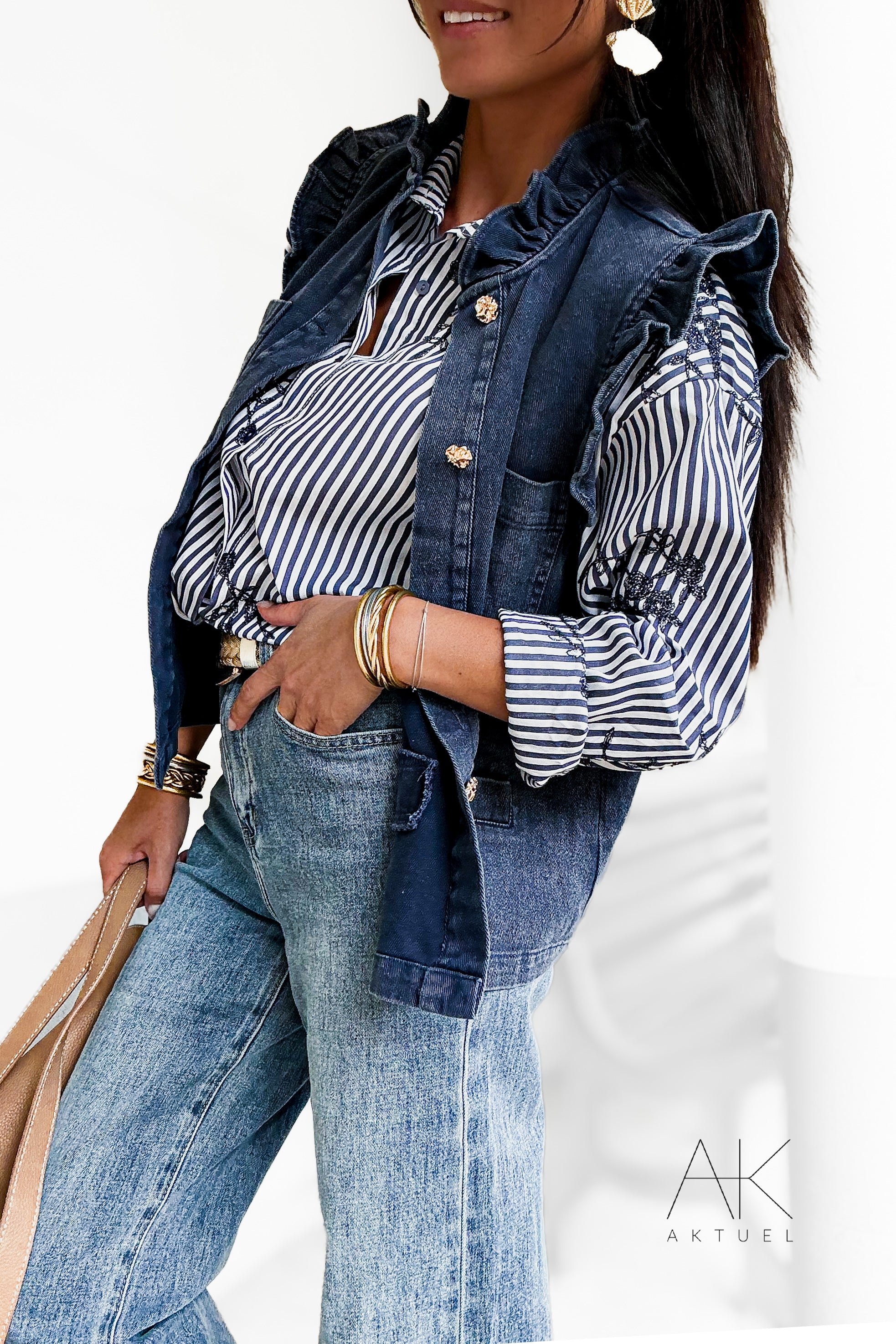 Gilet denim bleu à volants