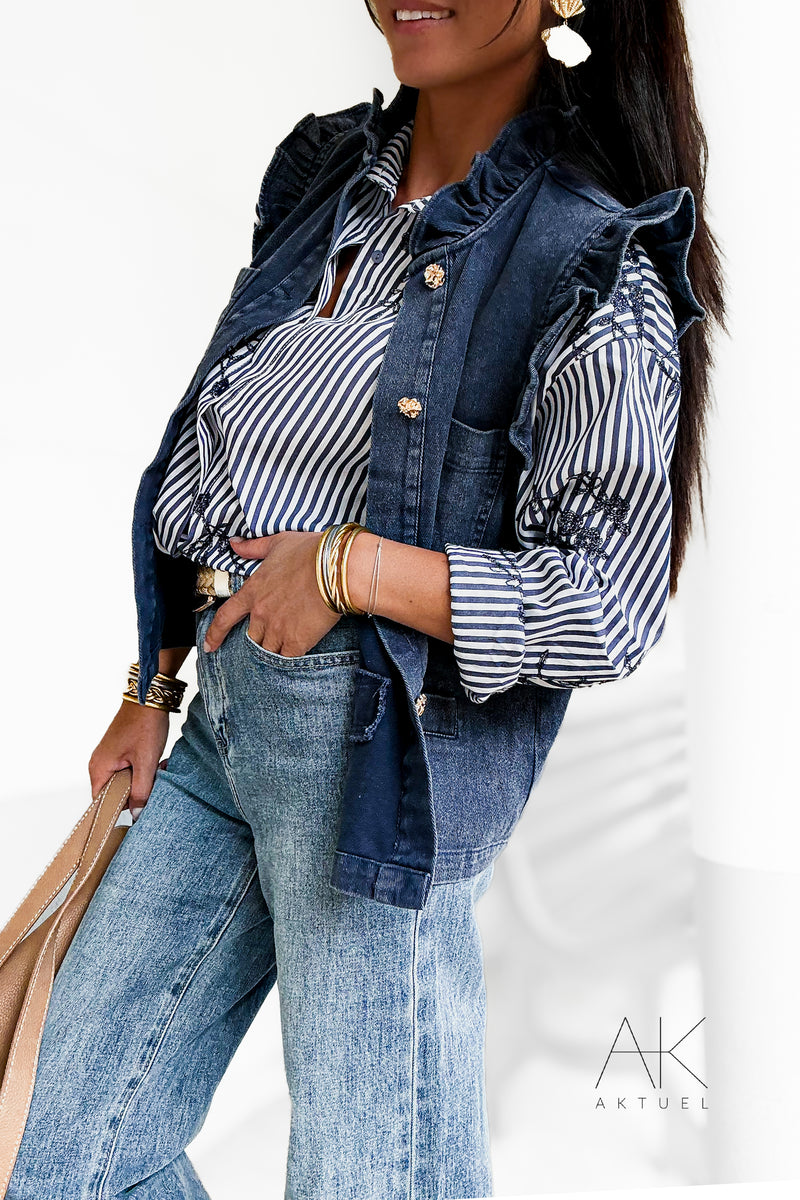 Gilet denim bleu à volants