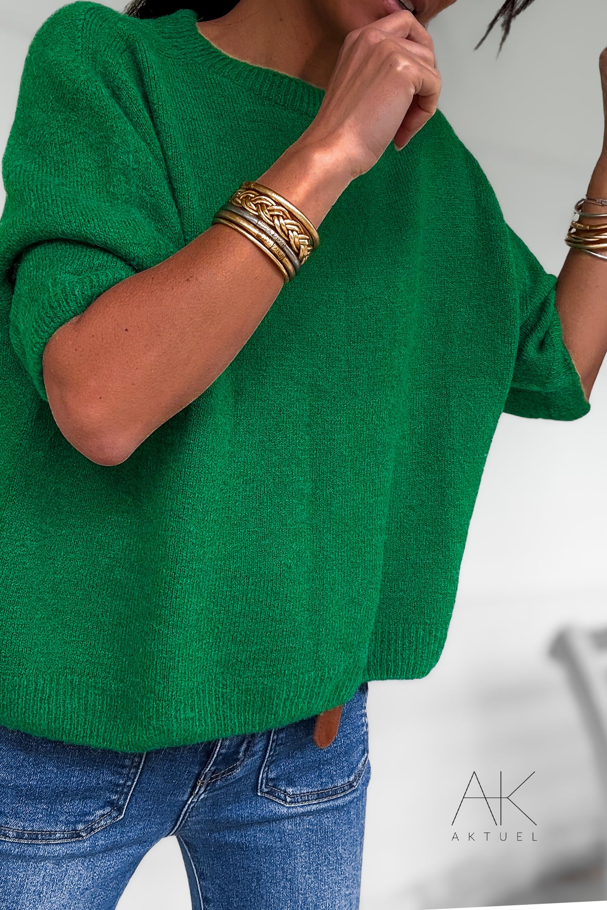 Pull vert alpaga à manches courtes