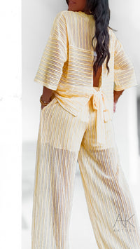 Pantalon maille rayé jaune pastel
