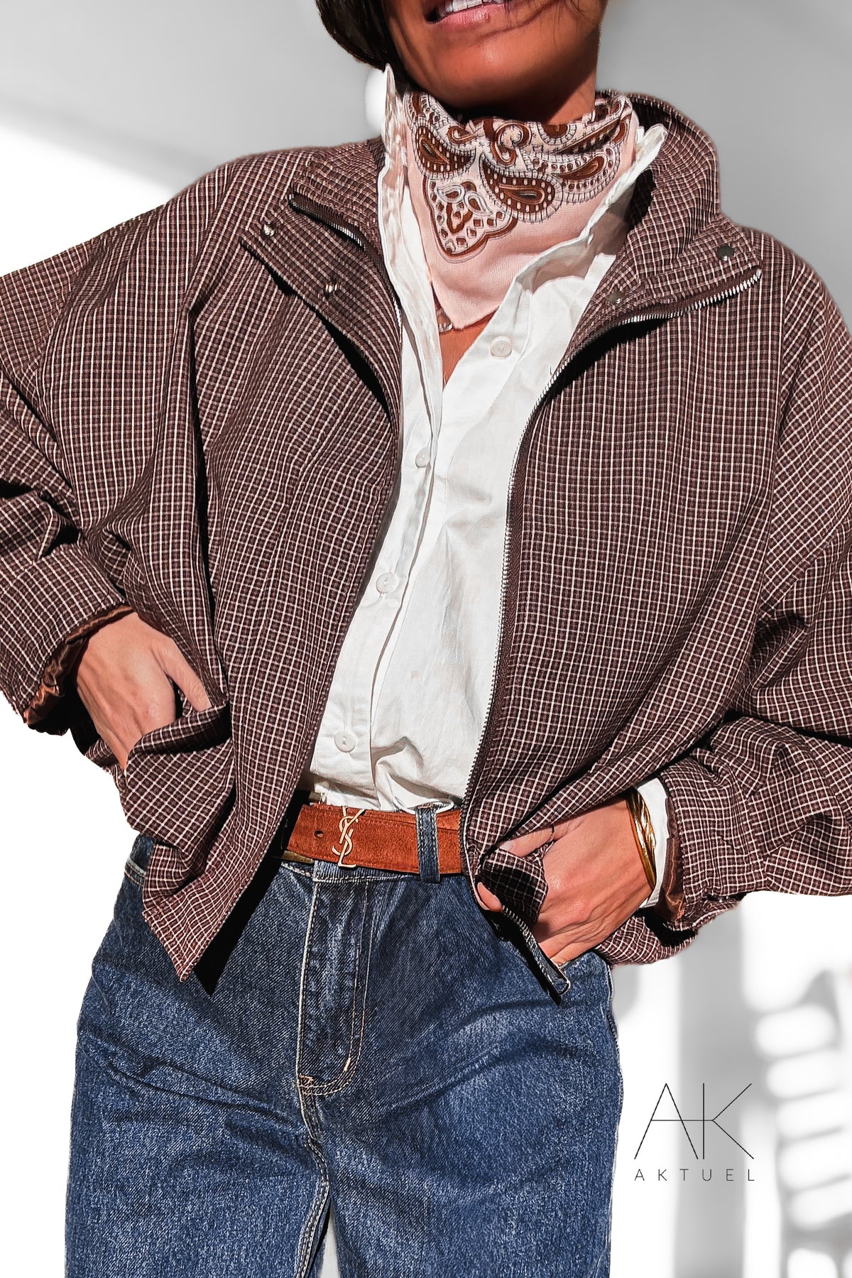 Veste courte à carreaux marron
