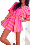 Combishort en gaze de coton rayée rose fluo & corail