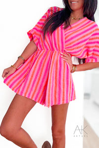 Combishort en gaze de coton rayée rose fluo & corail