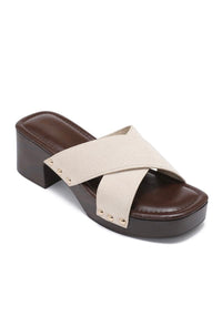 Mules à talon effet bois et brides croisées