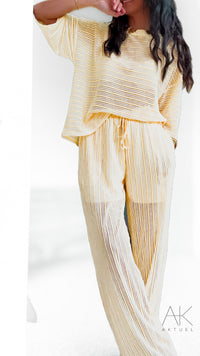 Pantalon maille rayé jaune pastel