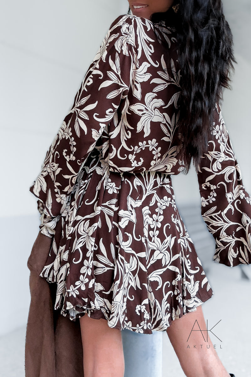 Robe patineuse à imprimé floral chocolat