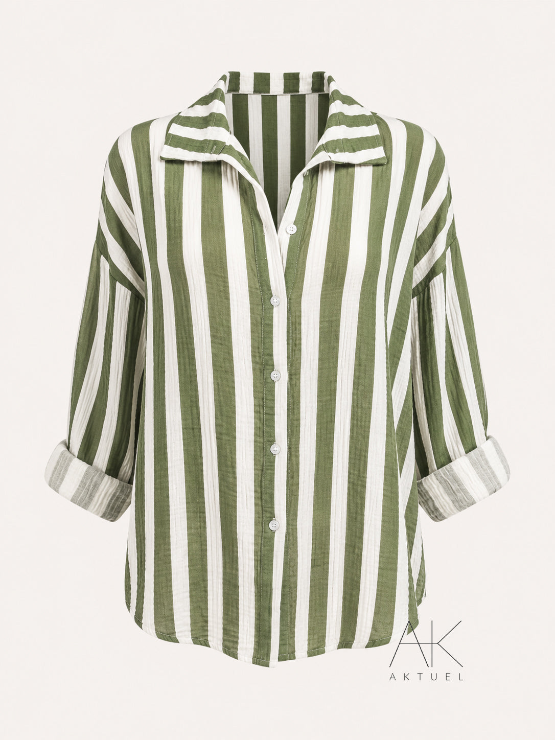 Chemise rayée en gaze de coton kaki et écru coupe oversize