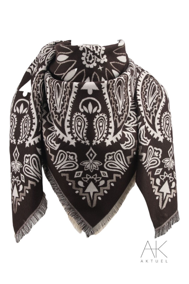 Foulard cachemire chocolat à motif paisley & finitions frangées