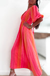Robe longue en gaze de coton en imprimé graphique rose fluo & corail
