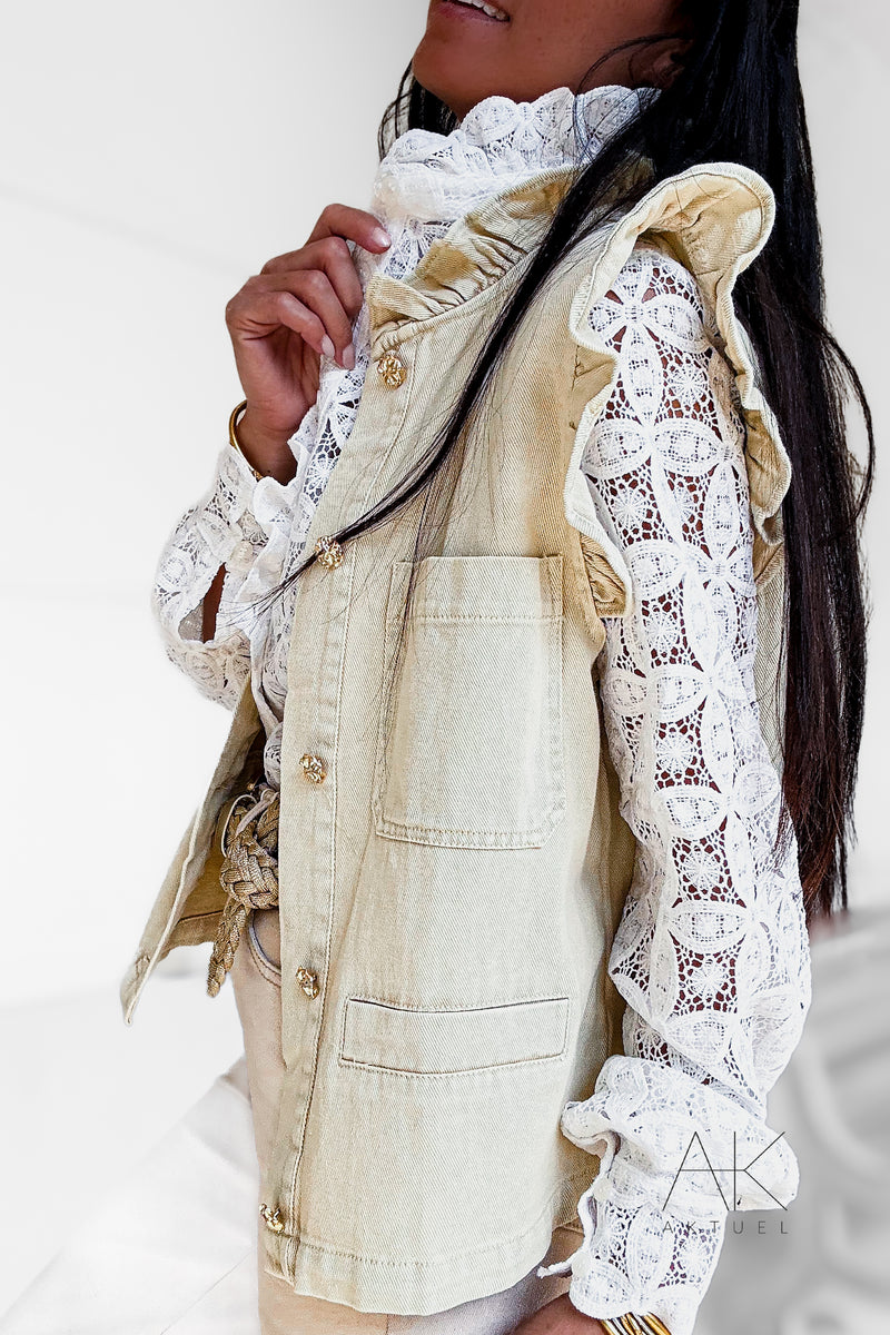 Gilet denim beige à volants