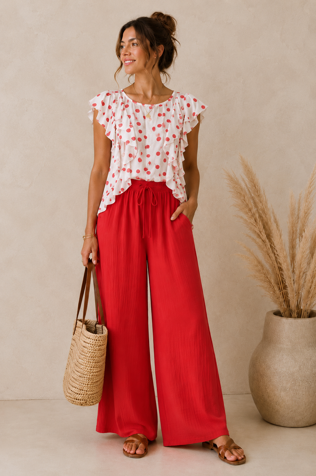 Pantalon gaze de coton fluide rouge