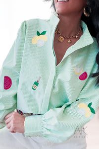 Chemise rayée verte brodée fruits