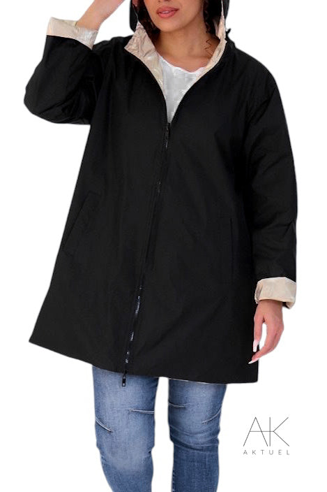 Grande Taille - Parka mi-longue imperméable réversible noir