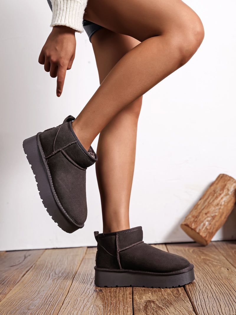 Bottines fourrées à plate-forme en cuir chocolat