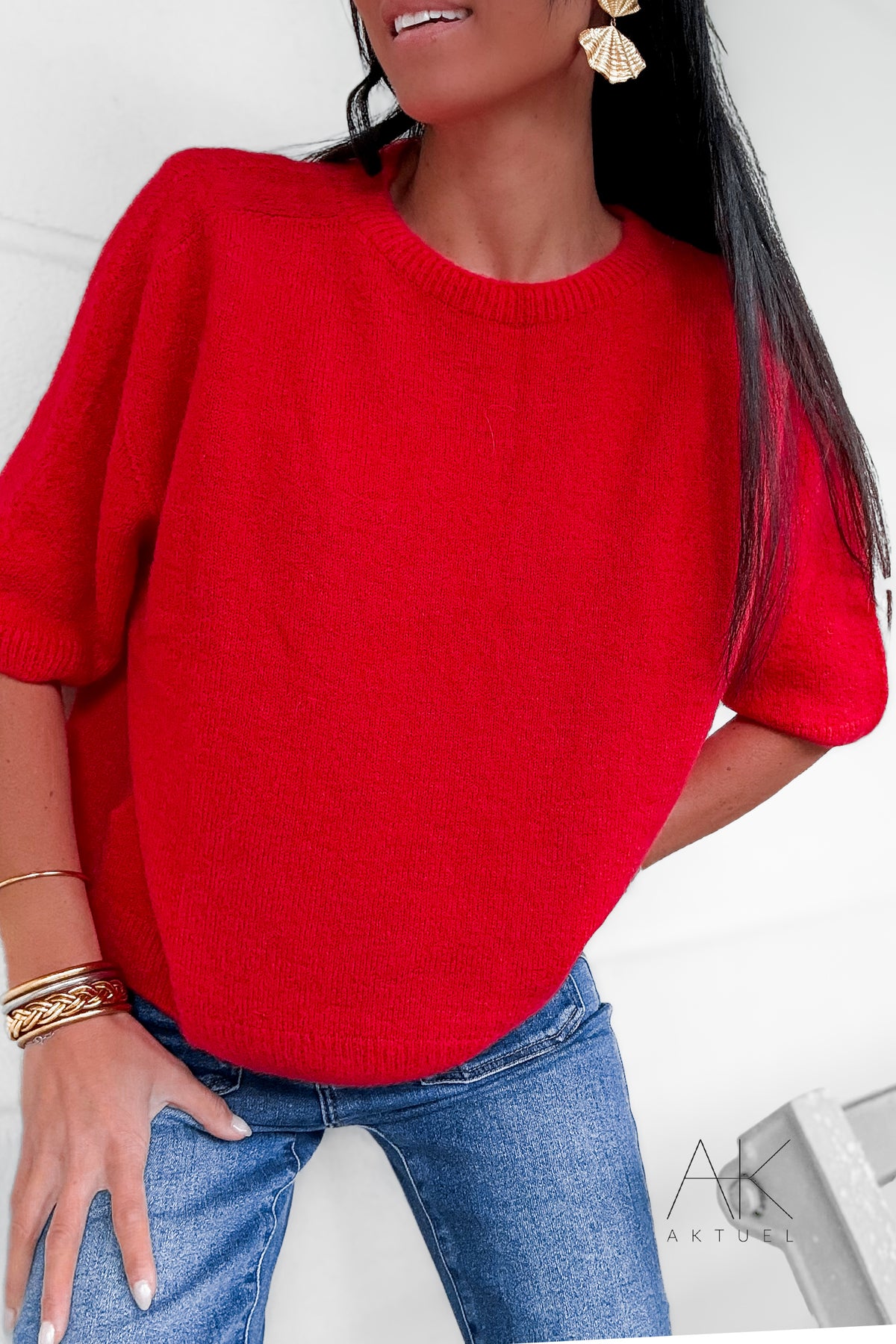 Pull rouge alpaga à manches courtes