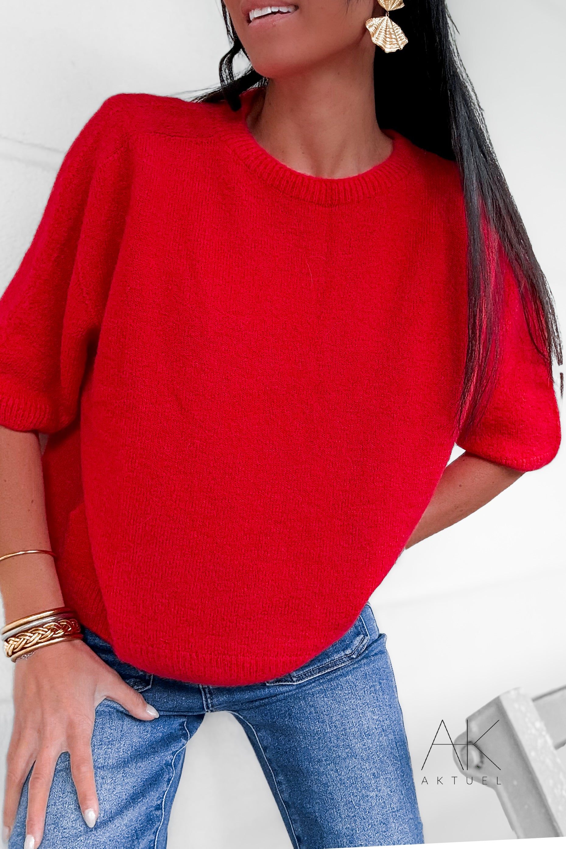 Pull rouge alpaga à manches courtes