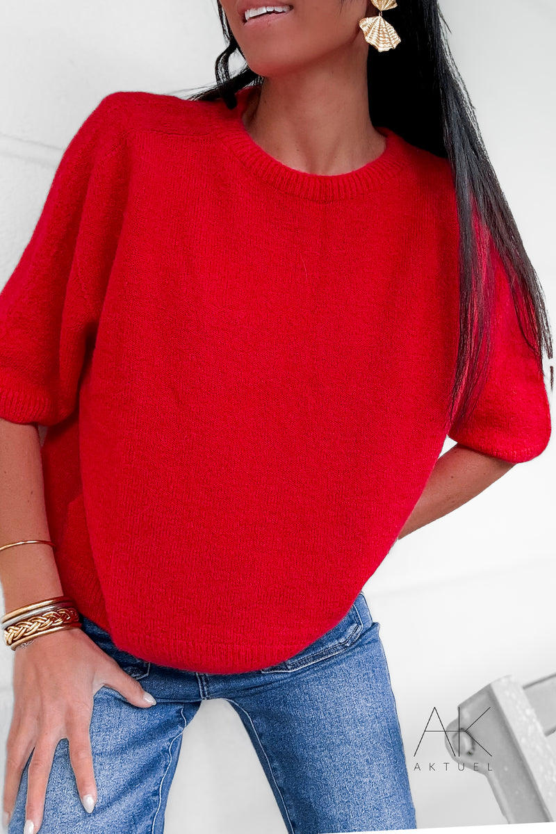 Pull rouge alpaga à manches courtes