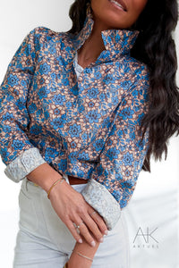 Chemise imprimée fleurie bleu et beige