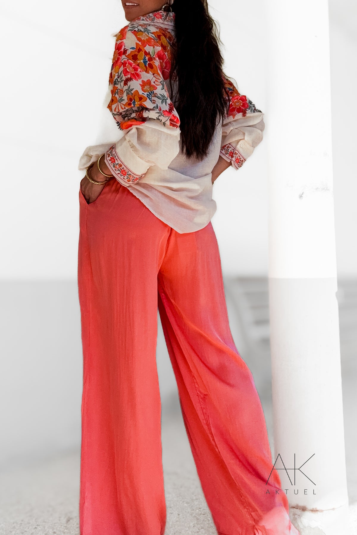 Pantalon fluide satiné corail