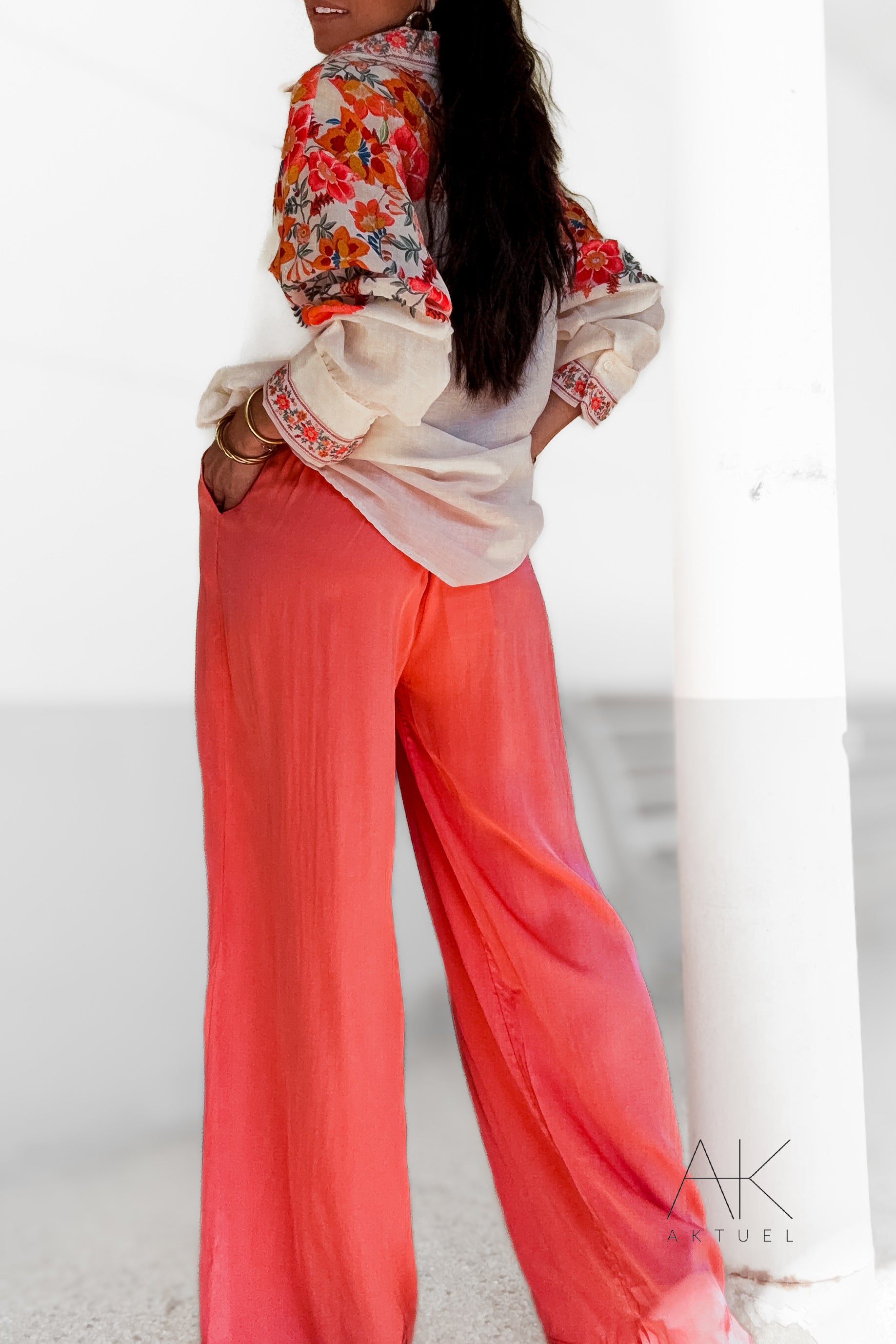 Pantalon fluide satiné corail
