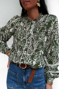 Chemise imprimée vert sauge et blanc à détails ajourés