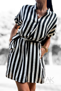 Robe chemise rayée noire et écru