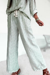 Pantalon en lin rayée vert