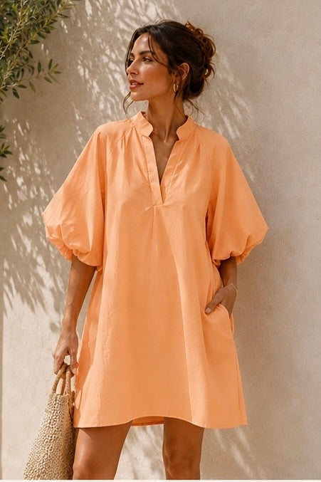 Robe courte manches ballon orange saumon