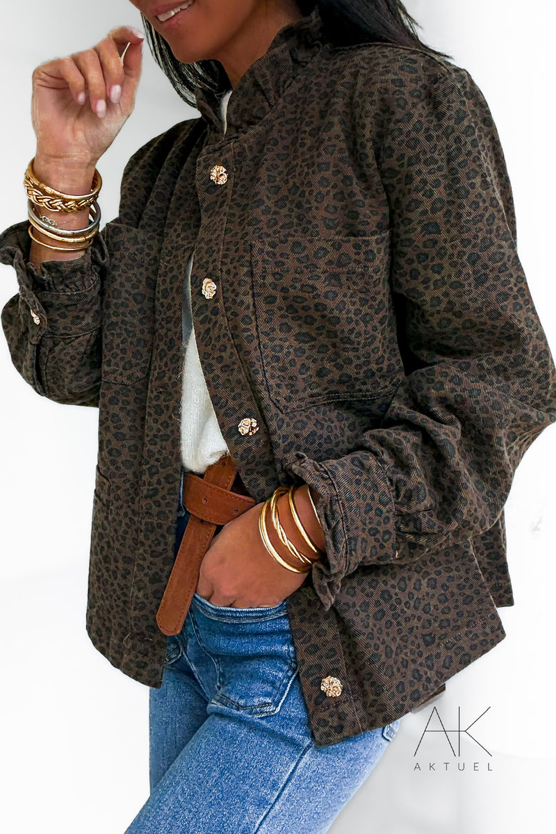 Surchemise en jean imprimé léopard marron