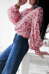 Chemise imprimé feuillage rouge et écru