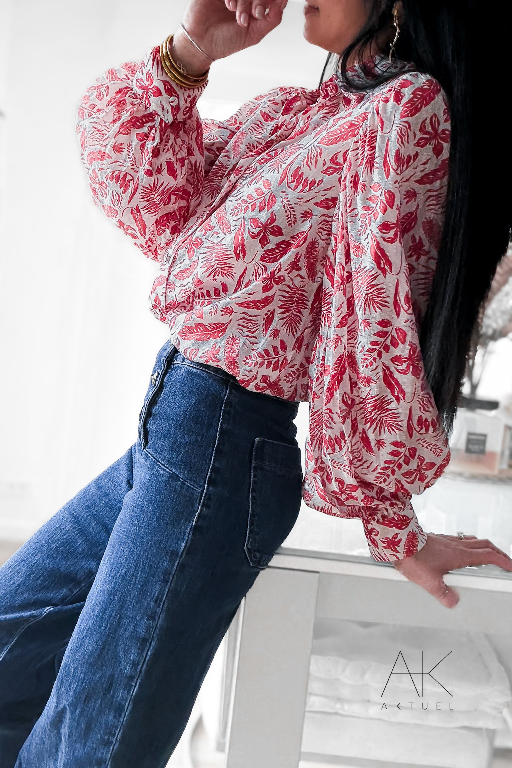 Chemise imprimé feuillage rouge et écru