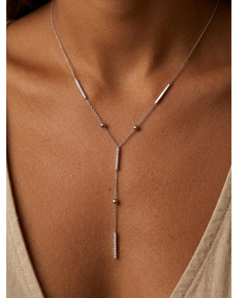 Collier Y billes strass argenté