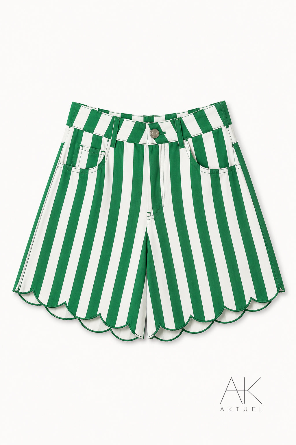 Short en jean à rayures finition festonnée vert