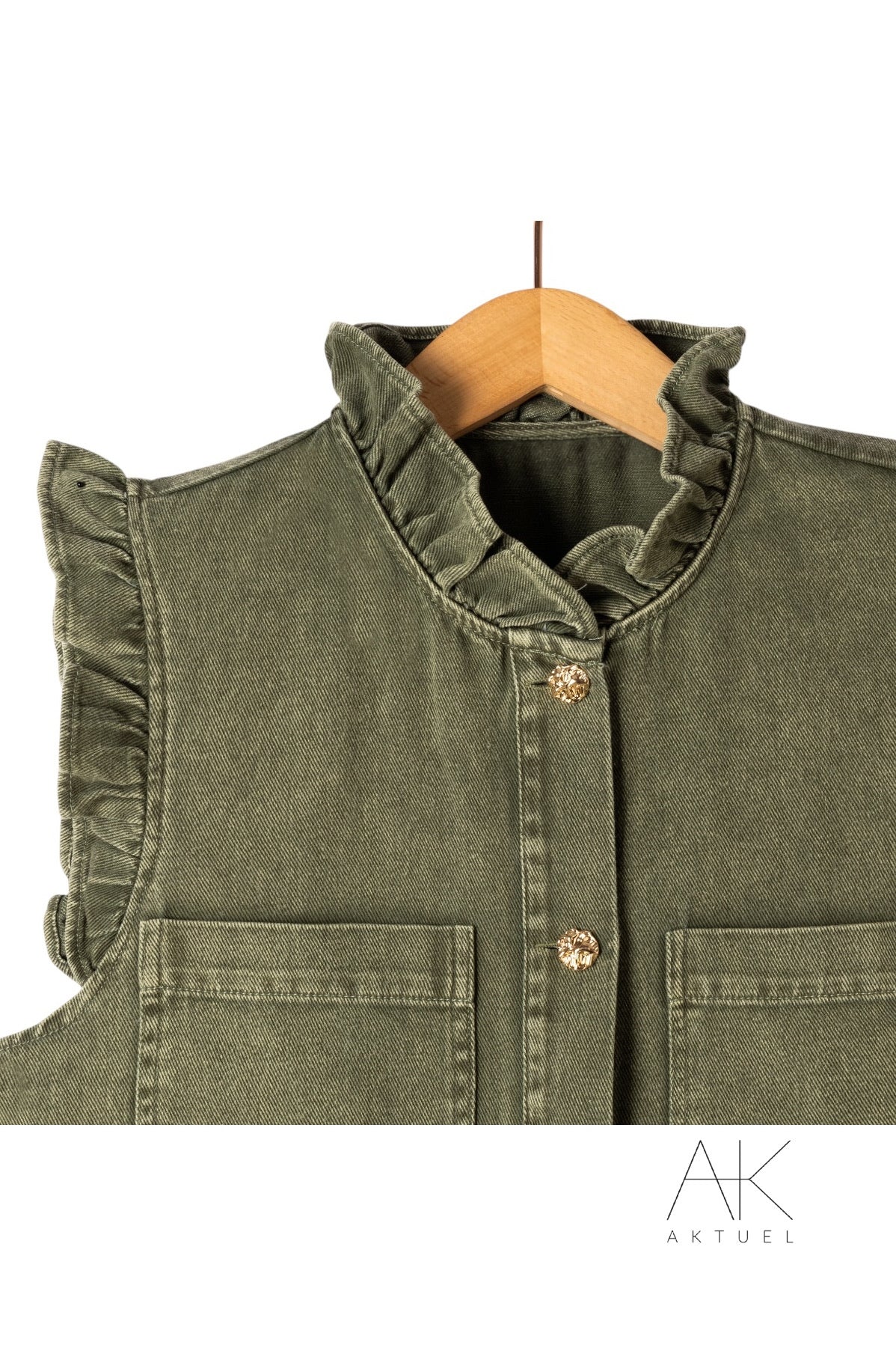Gilet denim kaki à volants
