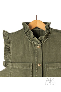 Gilet denim kaki à volants