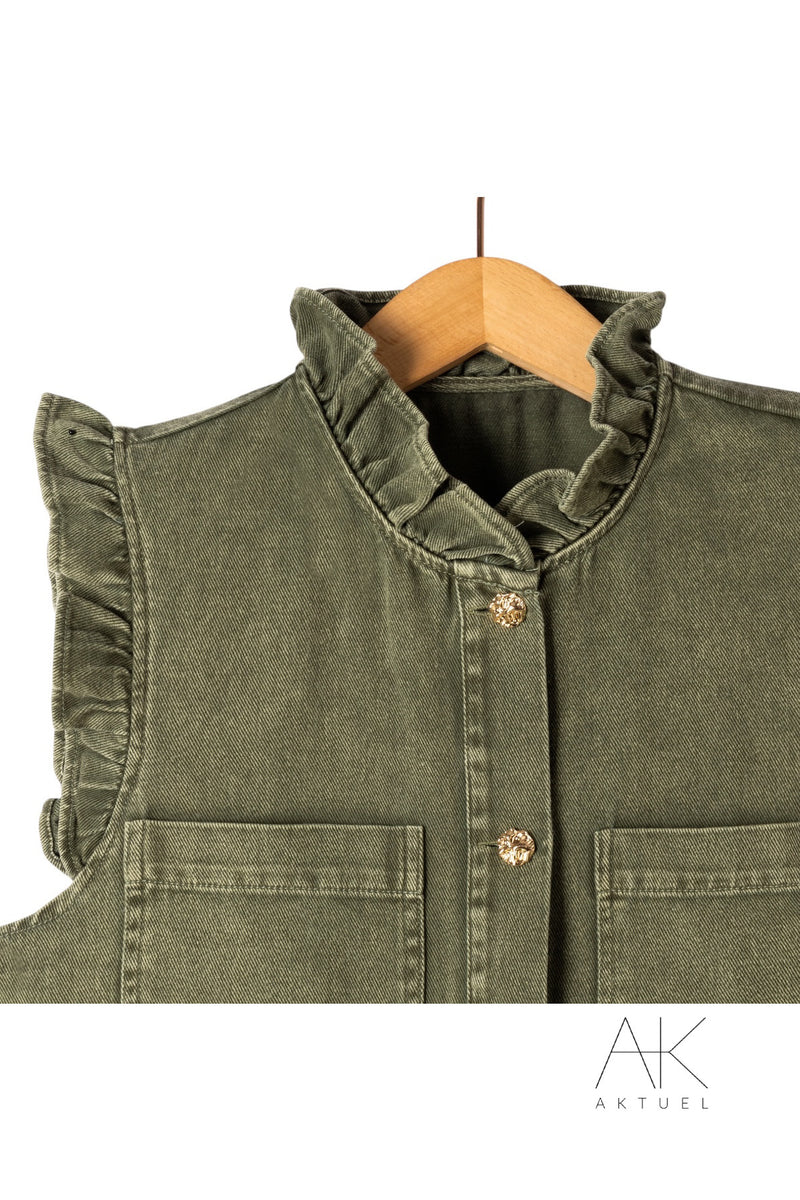 Gilet denim kaki à volants