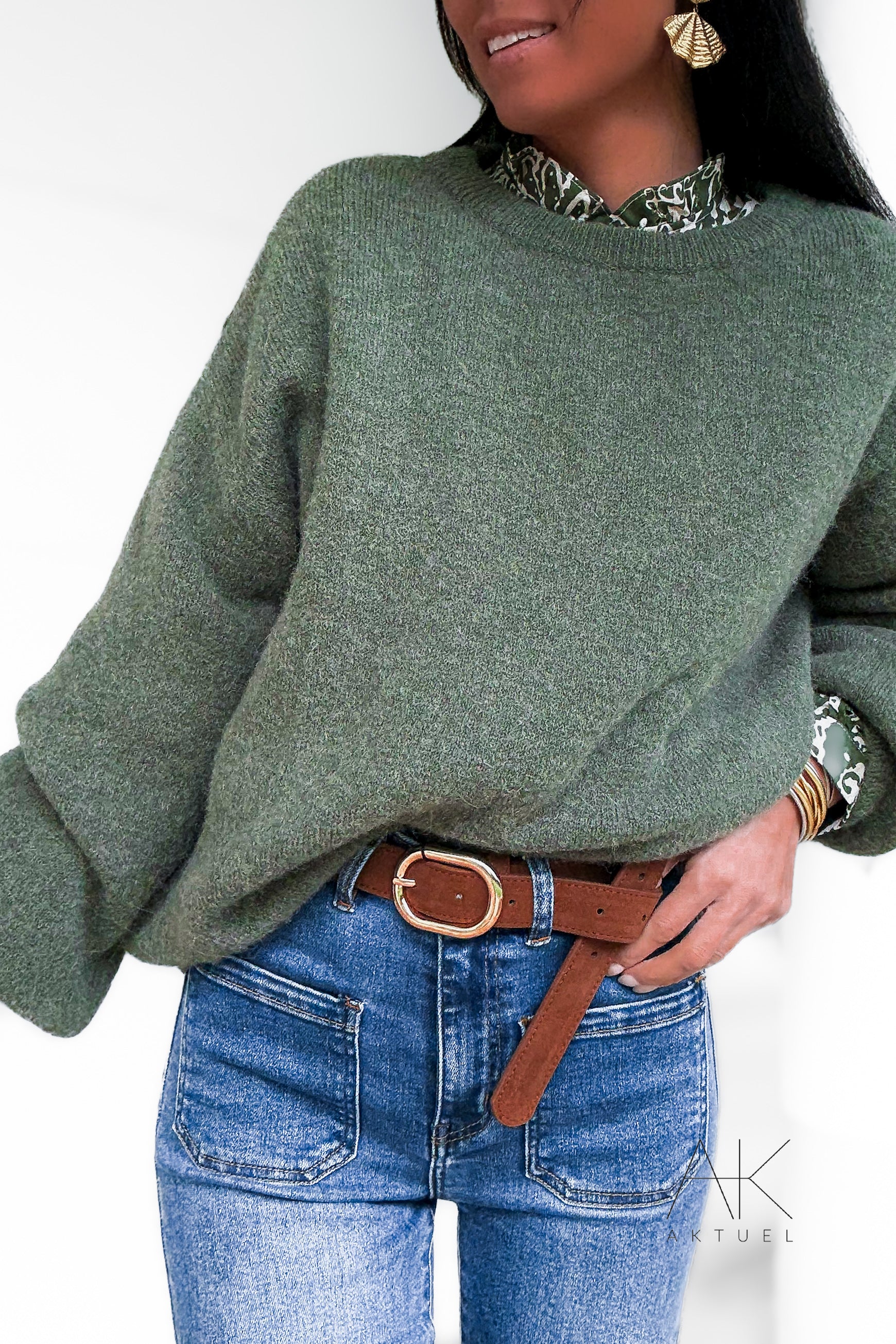 Pull en maille kaki baby alpaga col rond