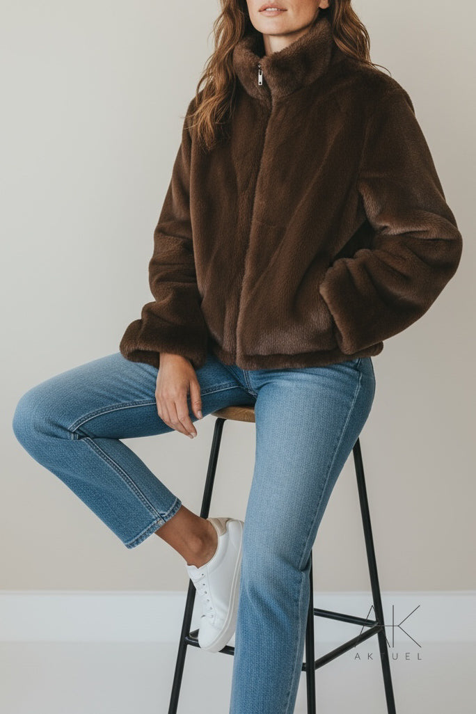 Manteau court en fourrure synthétique réversible chocolat