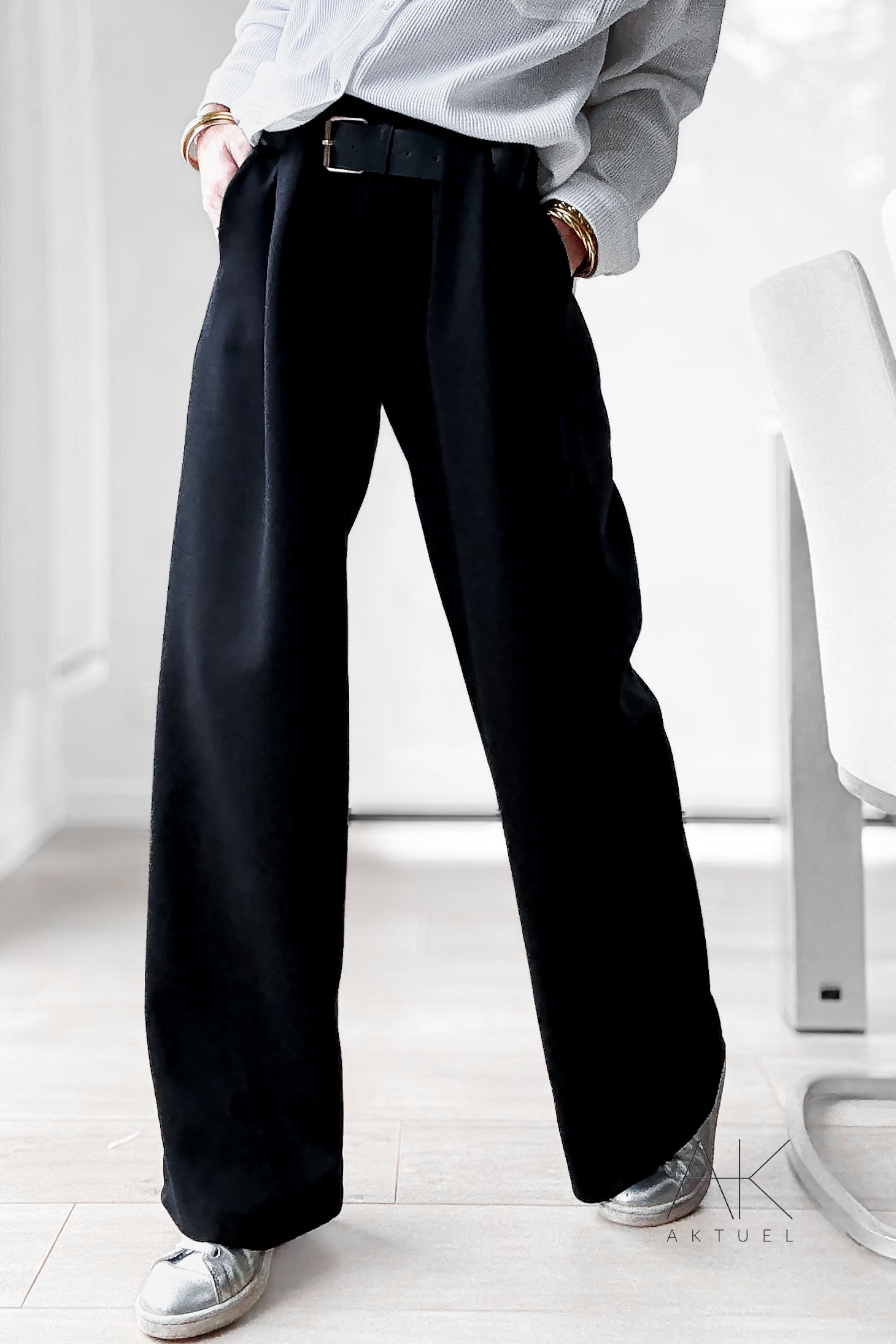 Pantalon large jogging noir ceinturé