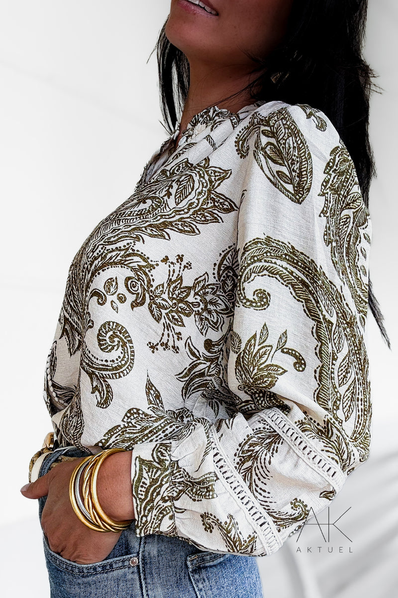 Chemise imprimée à motif cachemire kaki