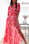Robe longue à feuillage rouge corail