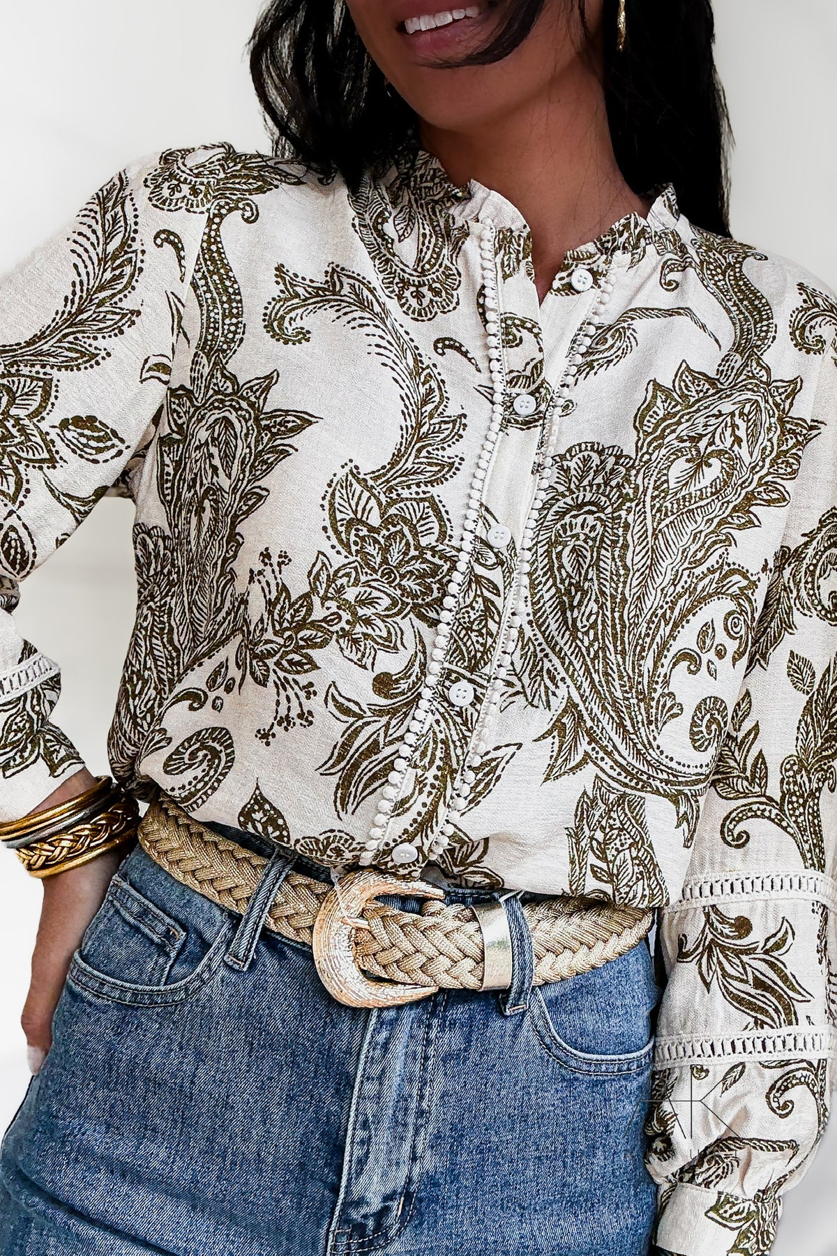 Chemise imprimée à motif cachemire kaki