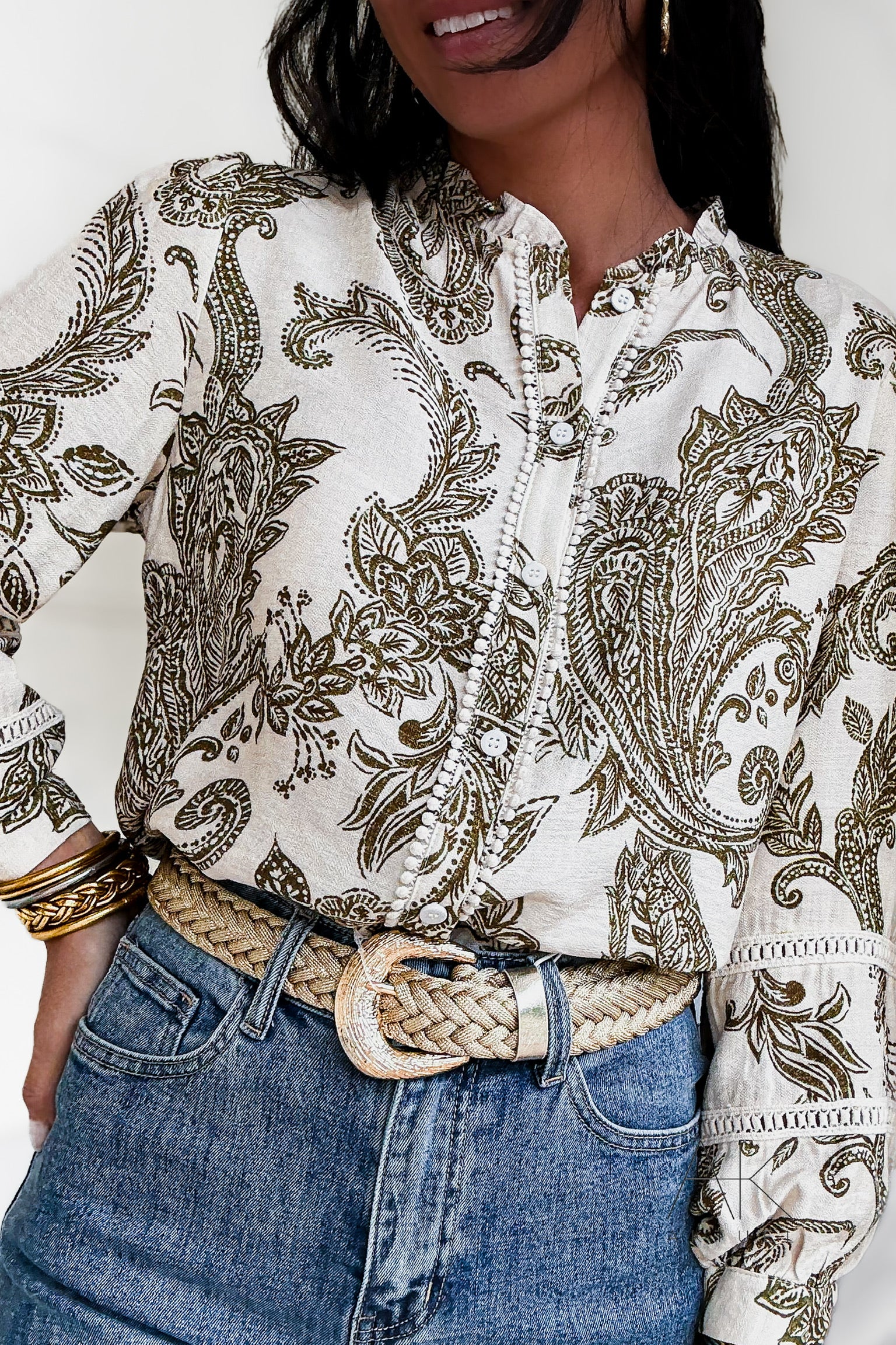 Chemise imprimée à motif cachemire kaki