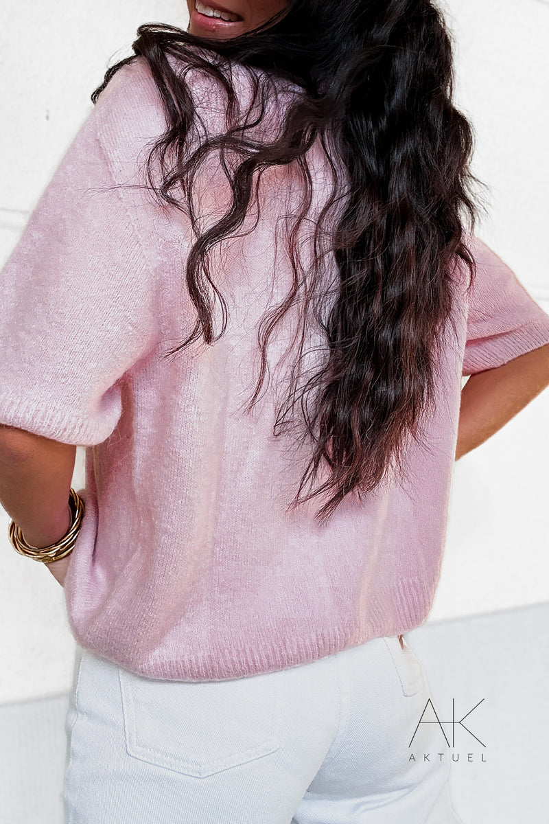Pull rose pastel alpaga à manches courtes