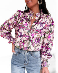 Blouse fleurie rose et violet – Col volanté et manches bouffantes