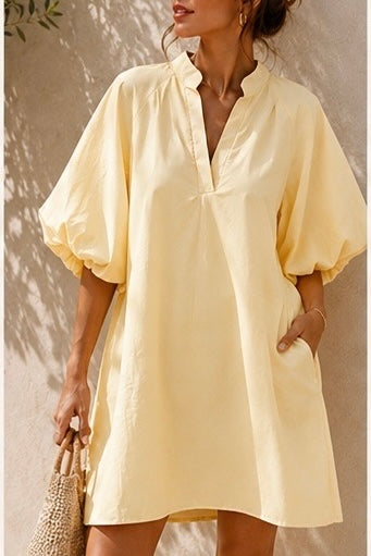 Robe courte manches ballon jaune pastel