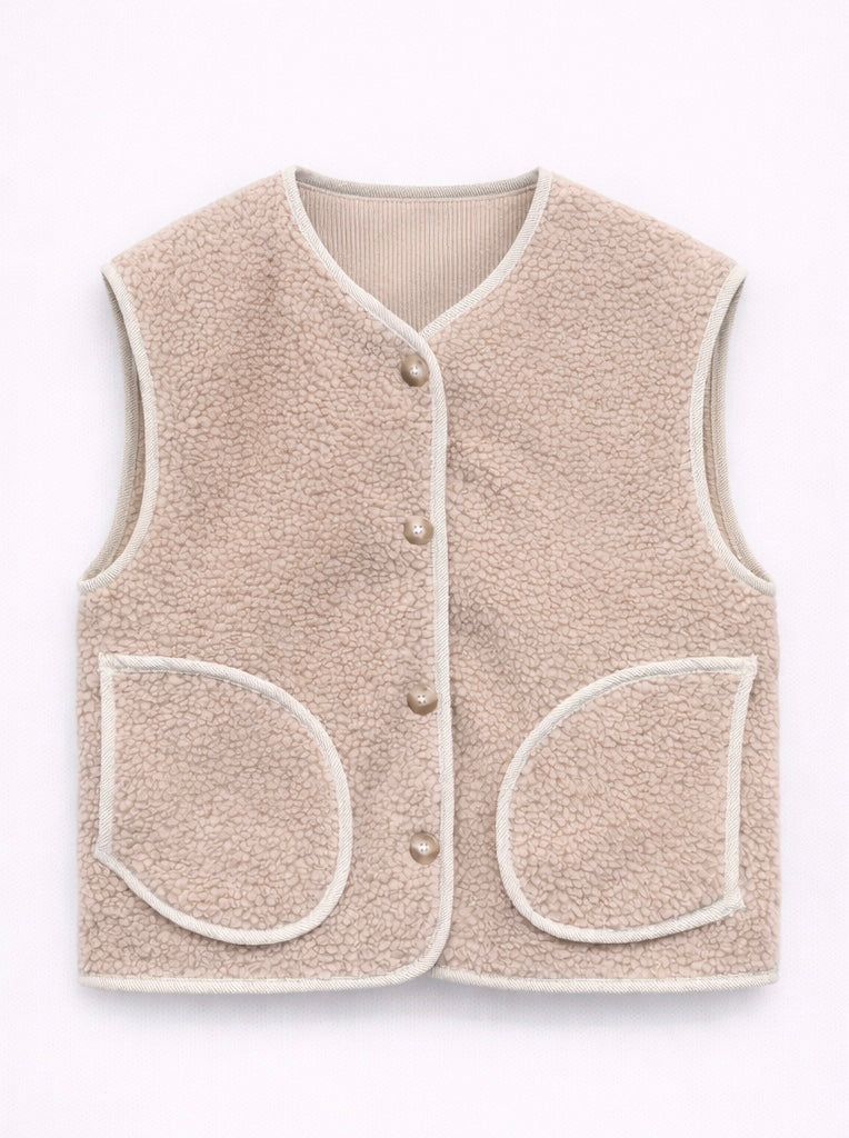 Veste réversible sans manches en velours & sherpa taupe